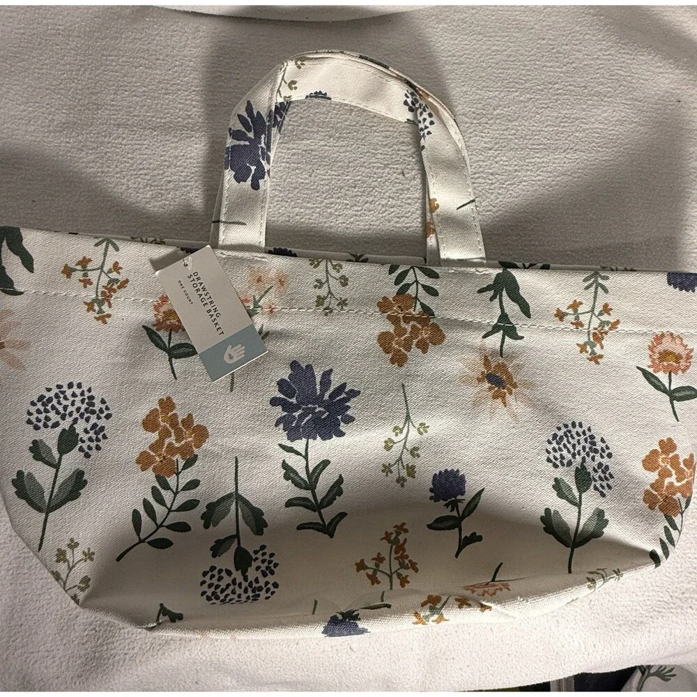 Floral Canvas Drawstring Storage Basket Bin w/ Handles 12x10x9 in, Set of 2